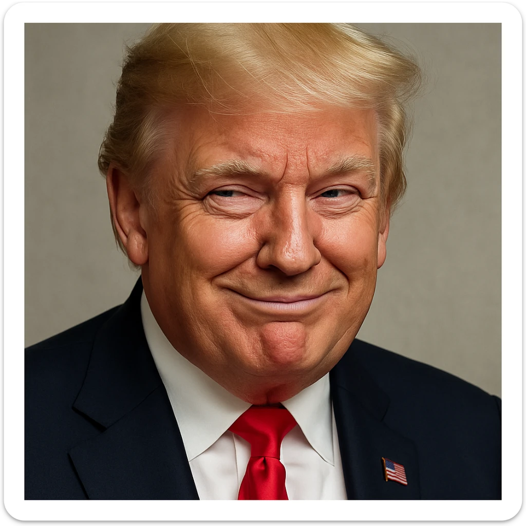 Enhance photorealism and vividness even further, keeping the very sly, cunning expression on Donald Trump's face, plain background, and a polished, high-quality finish in photorealistic style. sticker
