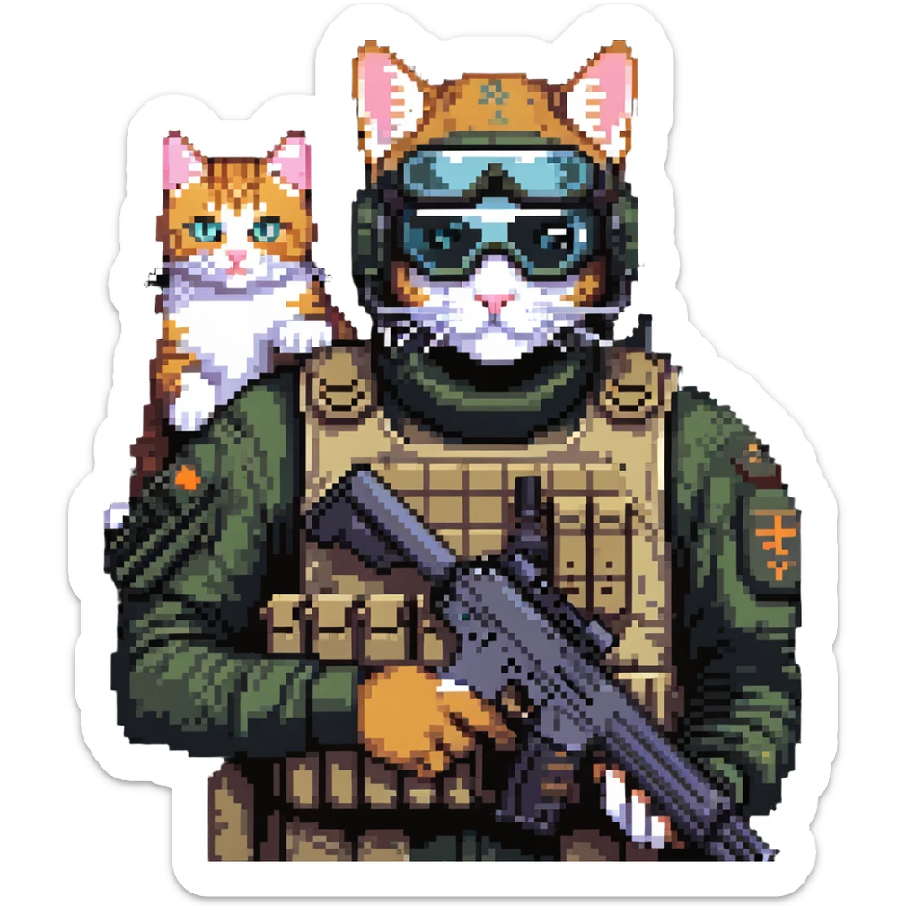 Simple pixel art of man with goggles in tactical gear holding gun and cat sticker
