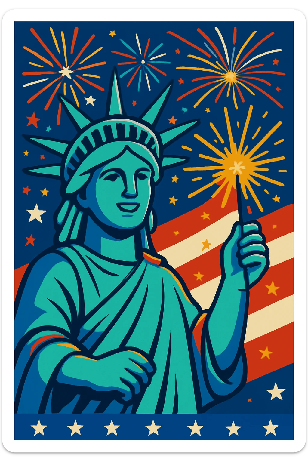 Add more fireworks behind the Statue of Liberty, keep the colorful 4th of July style with vibrant and bright fireworks illuminating the background behind the statue. sticker