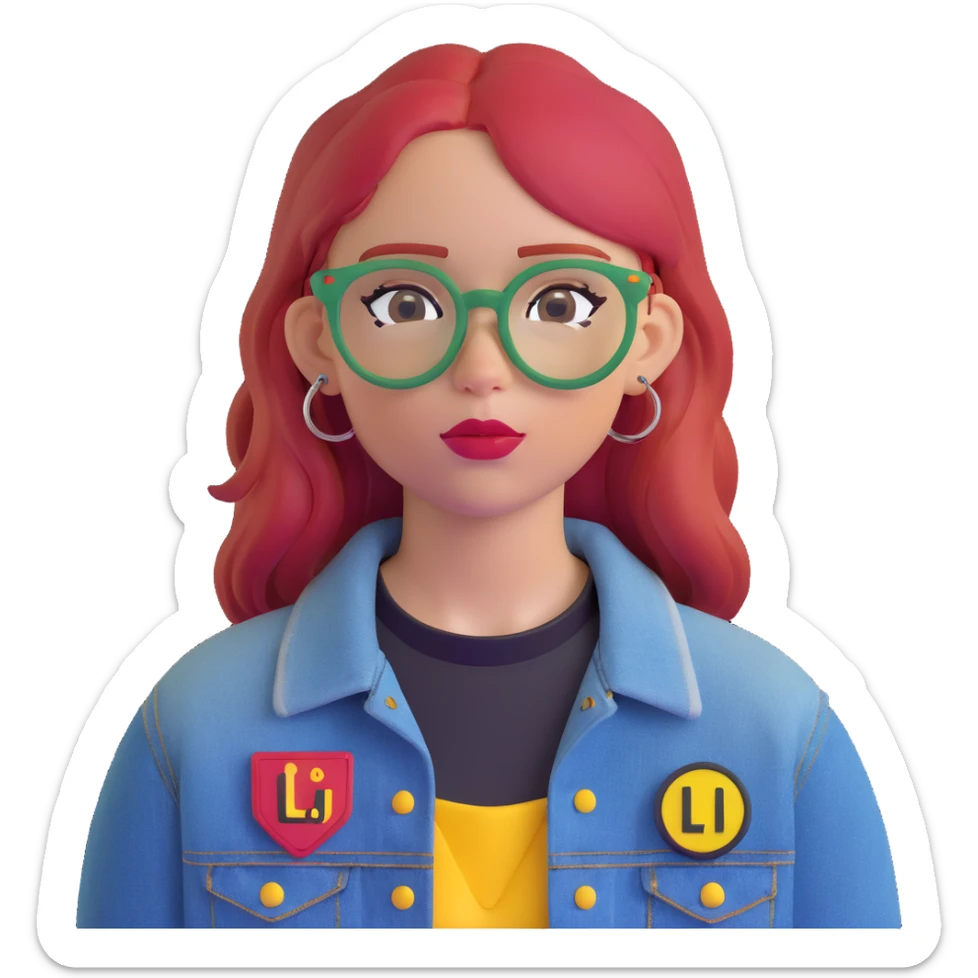 young woman, straight red hair, blue glasses, black choker, septum ring, denim jacket, yellow-red patch 'LIB', neutral cute expression sticker