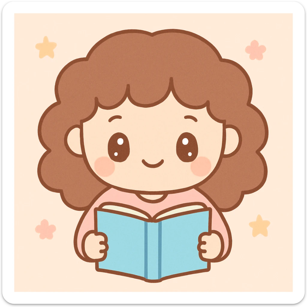 girl with brown curly hair reading a book, kawaii style sticker