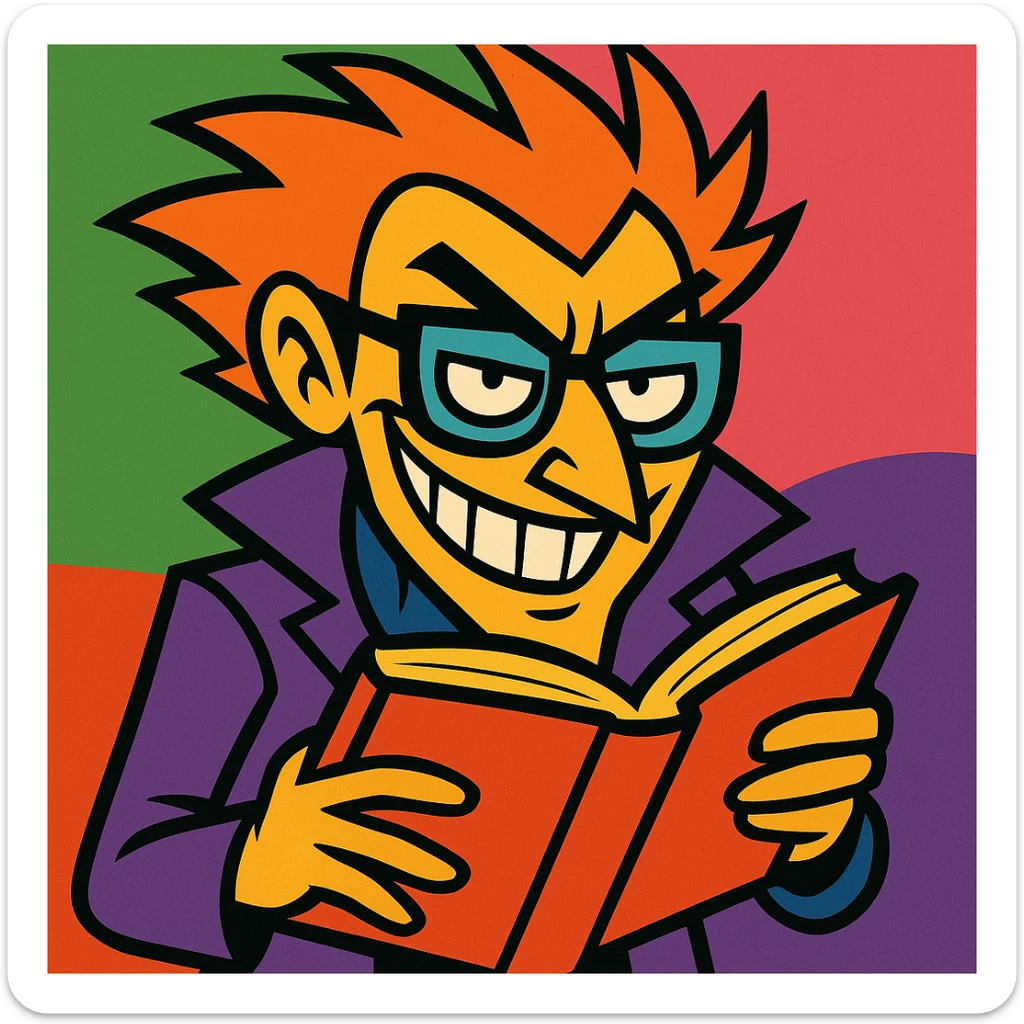 A smart, nerdy villain with wild hair, thick glasses, and a devious smile, holding a book and looking both clever and slightly pervy, with a vicious edge, vibrant toon style. sticker