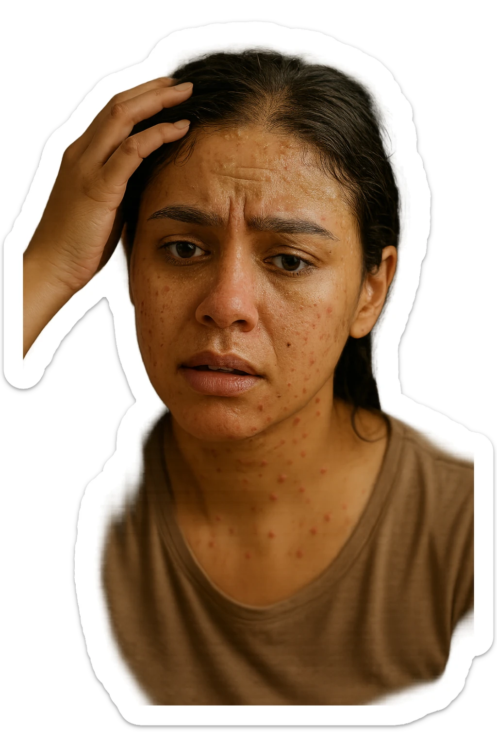 A highly realistic, cinematic close-up portrait of a young woman in her late 20s with medium skin tone, displaying visible folliculitis and seborrheic dermatitis. Small, red, inflamed follicular papules and pustules are scattered along her hairline, jawline, and upper neck, indicating folliculitis. Her scalp and areas around the nose and eyebrows show flaky, greasy yellowish scales, with redness and irritation, indicating seborrheic dermatitis. Her hair appears slightly greasy and clumps near the scalp, emphasizing excess sebum production. She gently touches her irritated scalp with concern while looking at herself in a softly lit bathroom mirror, expressing discomfort and frustration. The environment is neutral and clean, with daylight softly illuminating the scene to highlight the skin and scalp texture. The style is 35mm hyperrealistic, with warm neutral tones and shallow depth of field to maintain focus on her skin, inflammation, and emotional expression, visually explaining the physical discomfort and aesthetic concerns of living with folliculitis and seborrheic dermatitis sticker