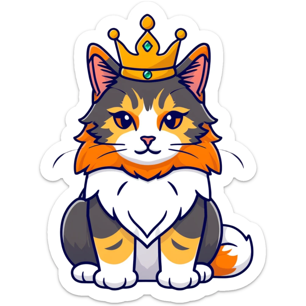 regal calico maine coon cat with orange, black and white fur wearing a jeweled crown sticker
