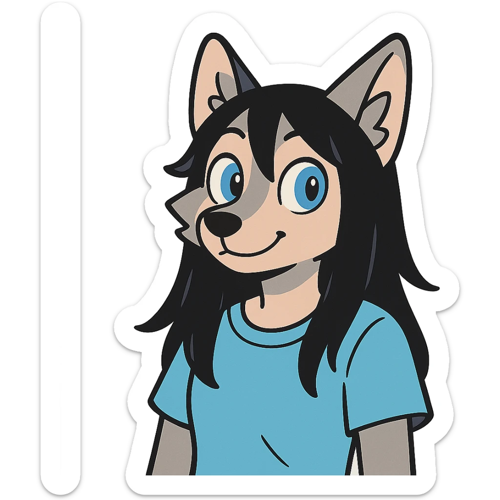 anime style wolf furry character with blue eyes, long black hair, wearing a light blue shirt sticker