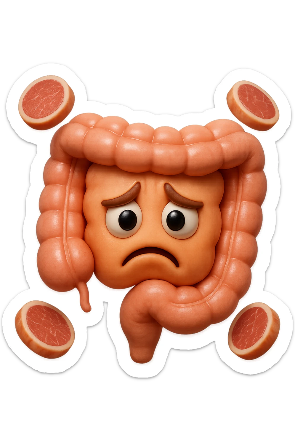 emoji stile iphone in 3d di un intestino triste con fette di carne che gli fluttuano intorno, gli occhi falli con la parte bianca pure, iperrealistico 4k sticker