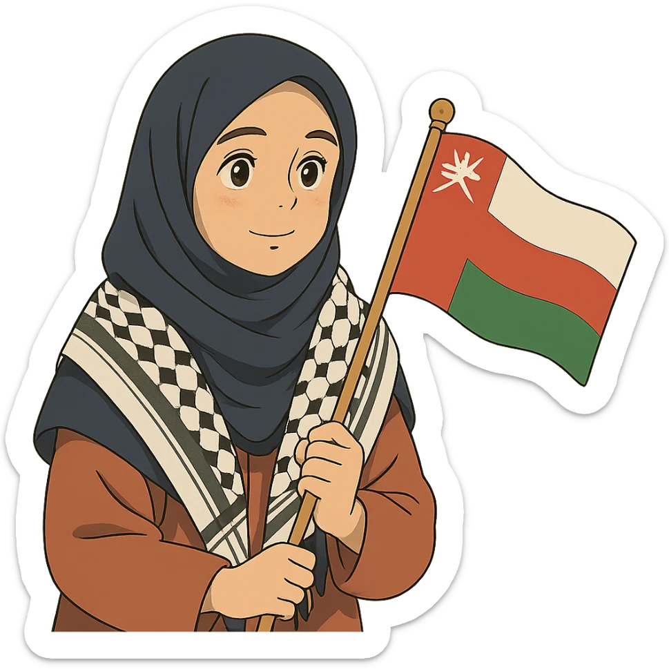 ghibli style a hijab-wearing girl wearing the Palestinian keffiyeh and holding the Oman flag sticker