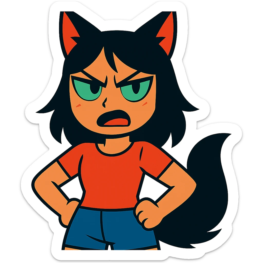 A girl with black fox ears and a tail, green eyes, dark hair, looking angry sticker