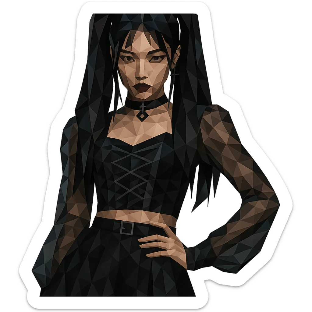 K-pop inspired gothic girl, polygonal style, geometric shapes, dark color palette, stylish stage outfit sticker
