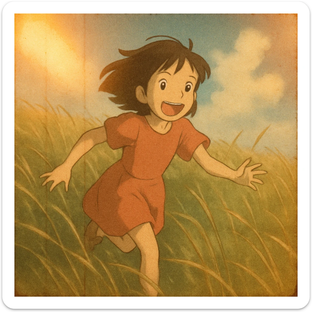 style of anime, 8mm film, gritty, the image shows a young girl running in a field of tall beach grass, light leaks, overexposed, nostalgic feel sticker