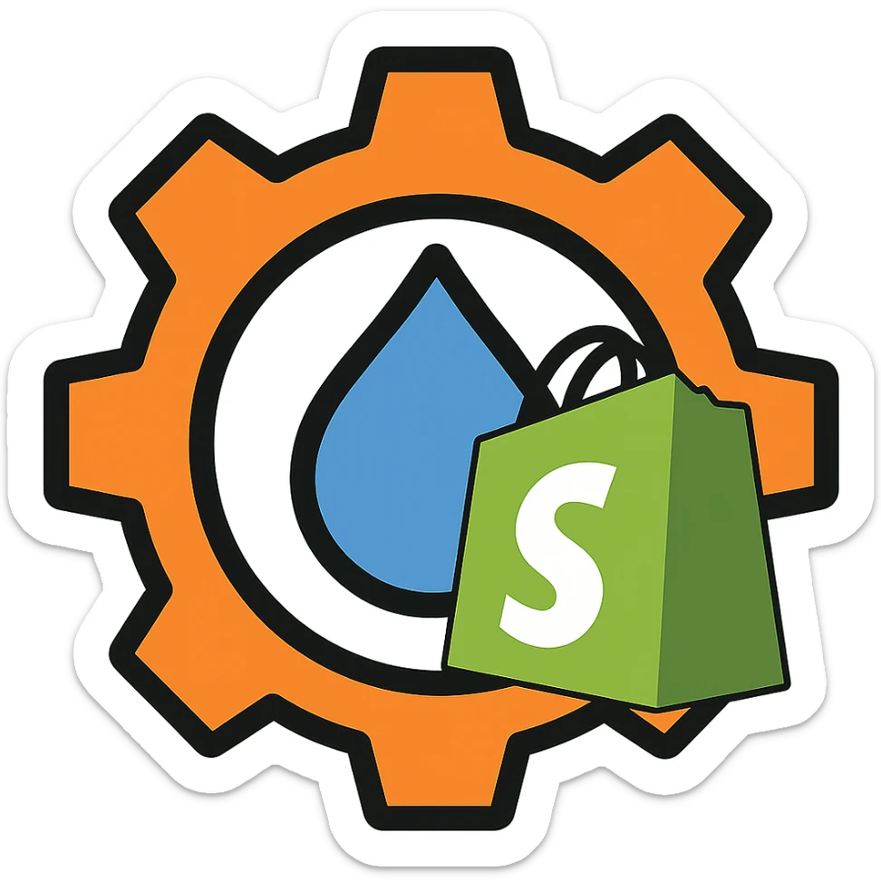 Add a Shopify bag icon to the logo, keeping the original style and colors, with a transparent background. The style of the logo should be preserved exactly as in the reference image. sticker