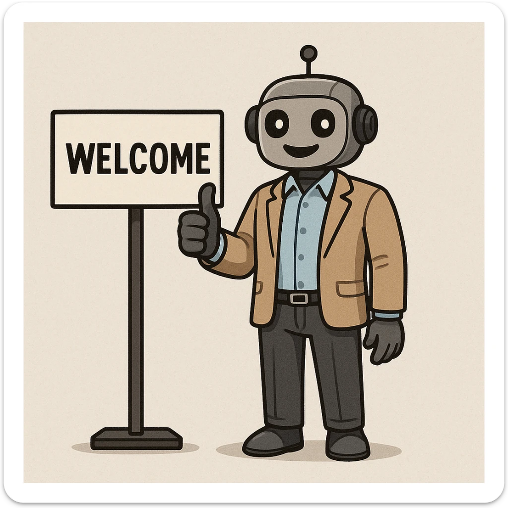 a recruiter robot giving a thumbs up, business casual, standing by a welcome sign sticker