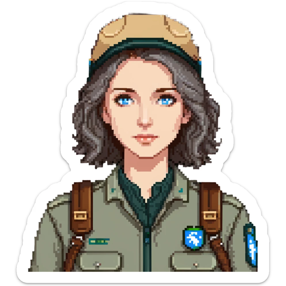 white woman park ranger with brown and gray hair and blue eyes sticker