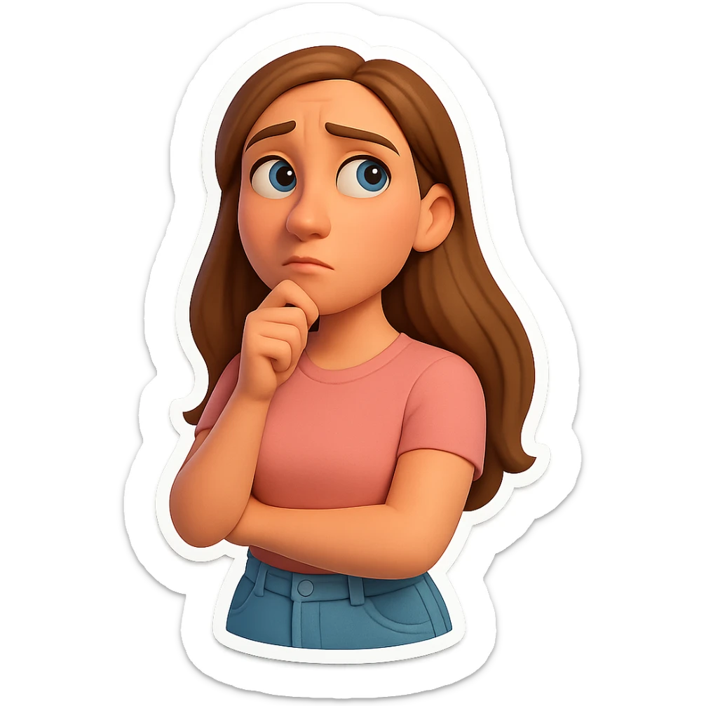 3D cartoon sticker, DreamWorks style of a 30-year-old woman with long light brown hair below shoulder blades, fair skin, large expressive blue eyes, slight bump on nose, wearing a pastel pink t-shirt and light blue mom jeans, thoughtful expression, soft light, white sticker outline sticker