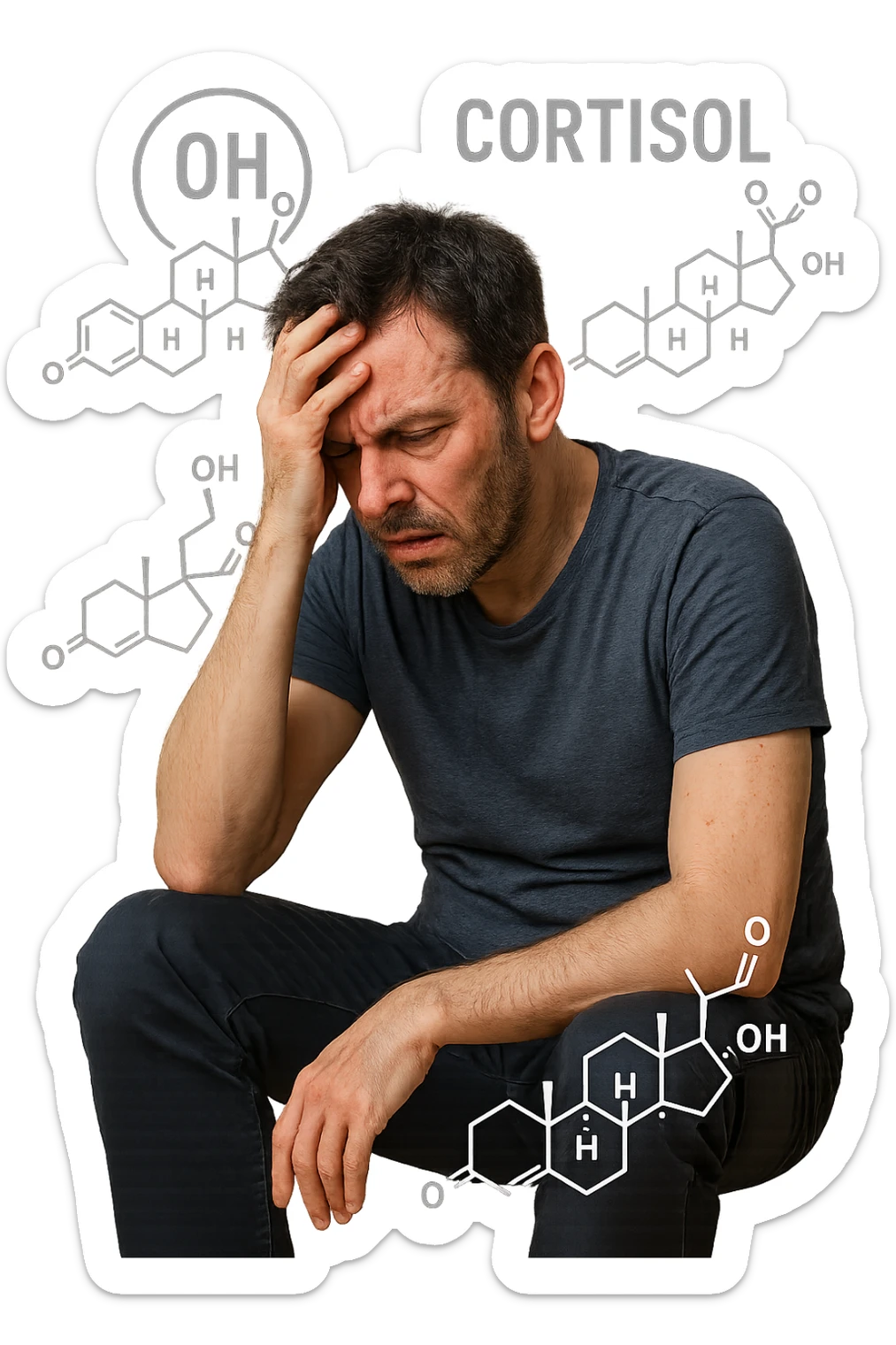 realistic and detailed image of high cortisol, human figure with signs of stress, tired eyes, agitation, visual elements representing cortisol hormone, no background, 2:3 aspect ratio sticker