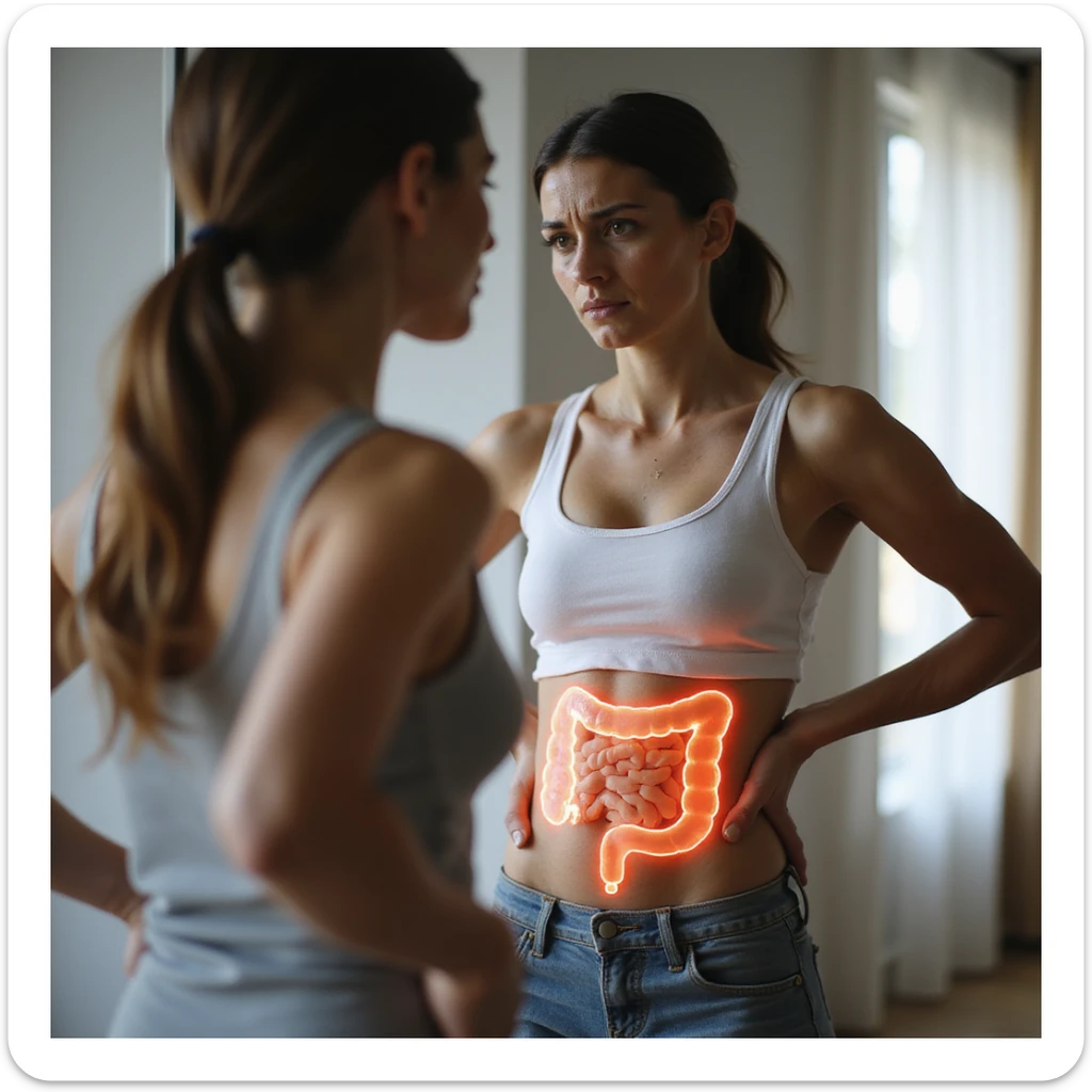 adult woman, photorealistic, intestinal problems, standing in front of mirror, intestine illustrated in transparency on abdomen, discomfort expression, natural light, bathroom background sticker