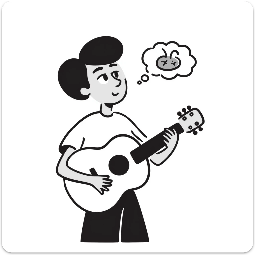 Close-up of a musician's face and torso, holding a guitar, looking up at the sky with a sad and worried expression, with a small thought cloud above showing something causing concern sticker