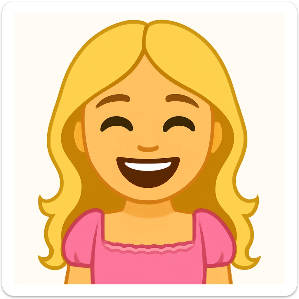 Create an iOS emoji style image of a blonde with long hair, green swamp eyes, and a pink pastel dress with a laughing expression. Keep all facial features, clothes, and hairstyle from the reference image. sticker