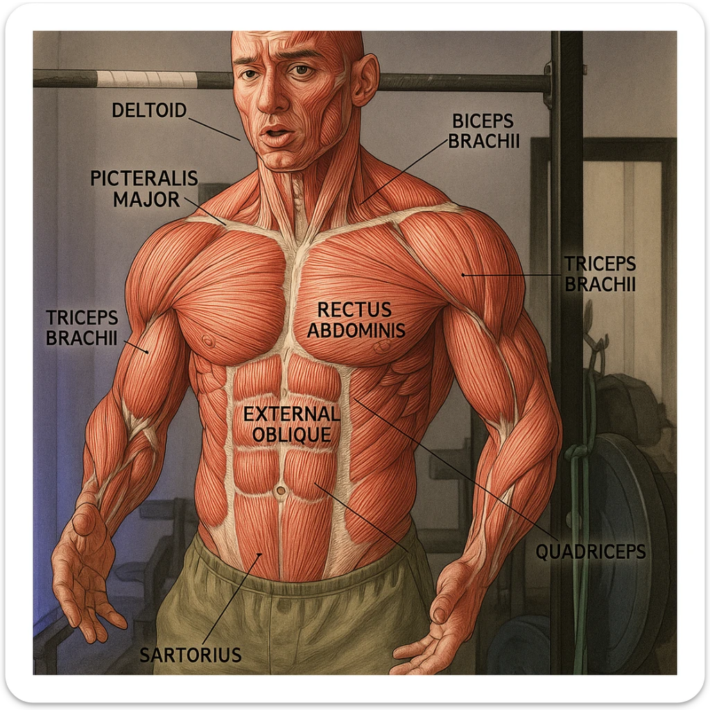 Highlight the muscle fibers of the man's body in the reference photo in a realistic anatomical style, maintaining the original pose and expression. Highlight muscle fibers and label the main muscle groups. sticker