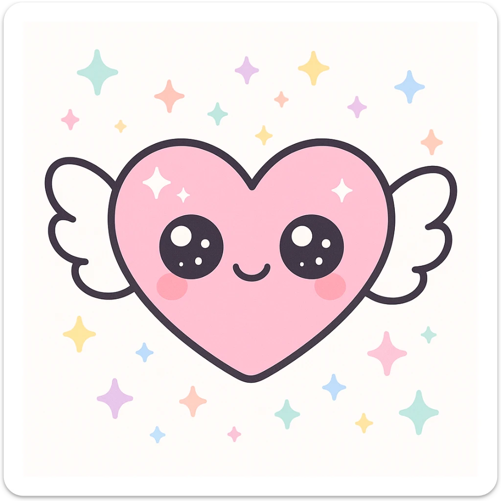 aesthetic cute winged heart emoji, soft pastel colors, kawaii style, sparkles, simple and charming sticker