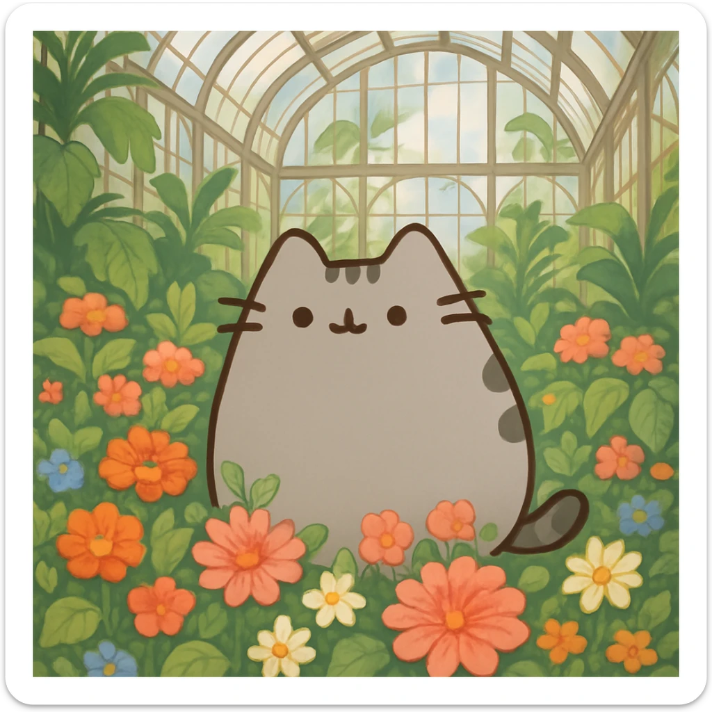 pusheen cat surrounded by flowers in a botanical garden greenhouse sticker