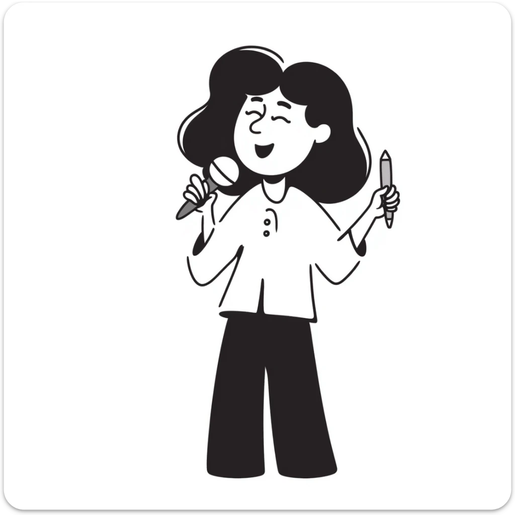joyful singer with big smile holding a microphone in left hand and pencil in right hand sticker
