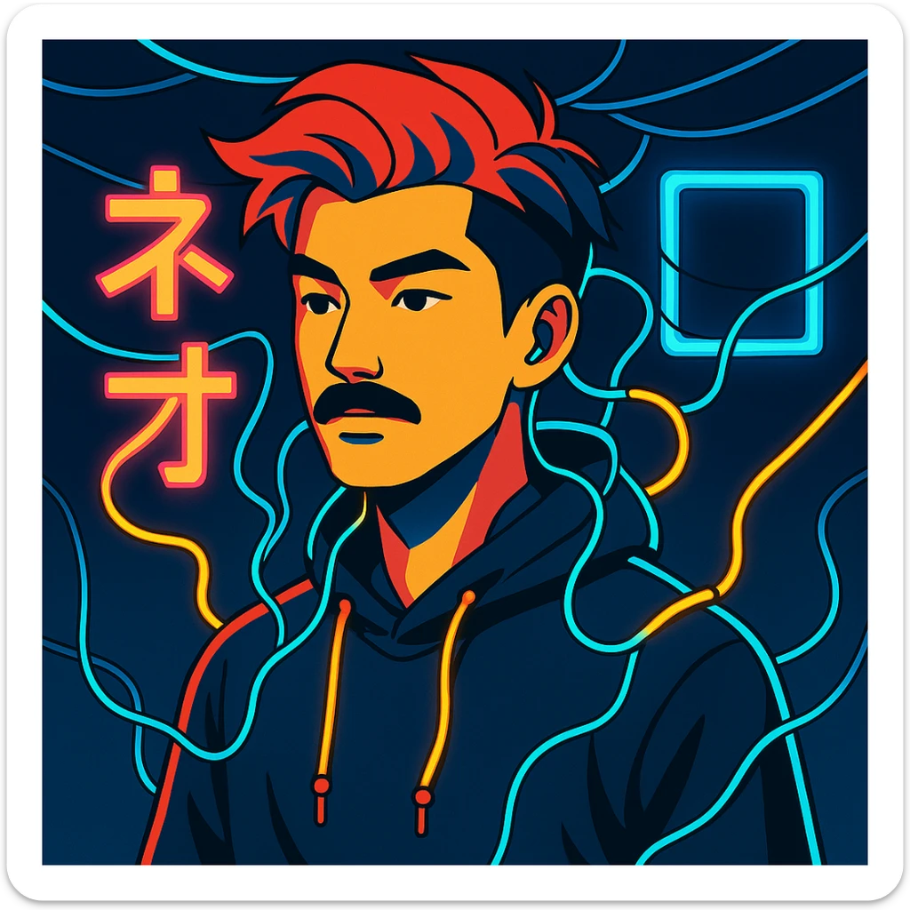 Add electric wires connecting to the body of the Asian man with black mustache, red hair, black hoodie, neon lights, Japanese cyberpunk anime style sticker