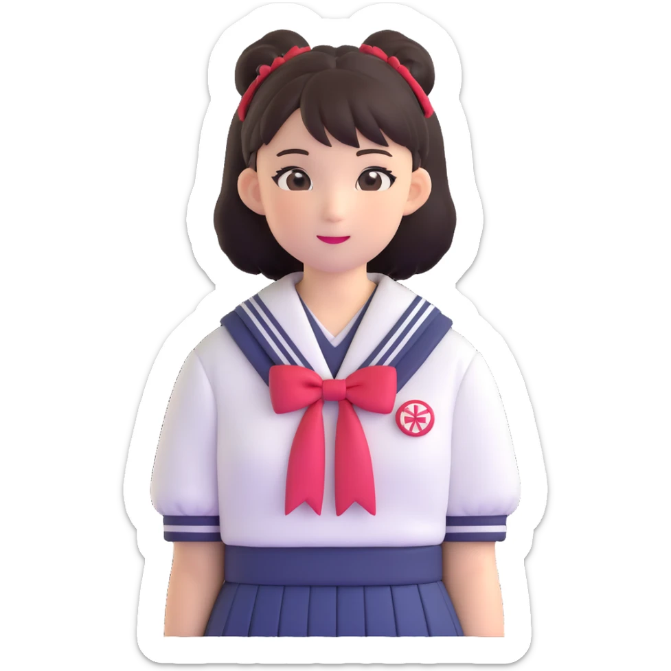 Extremely cute Japanese schoolgirl with high bun hairstyle wearing traditional sailor school uniform sticker