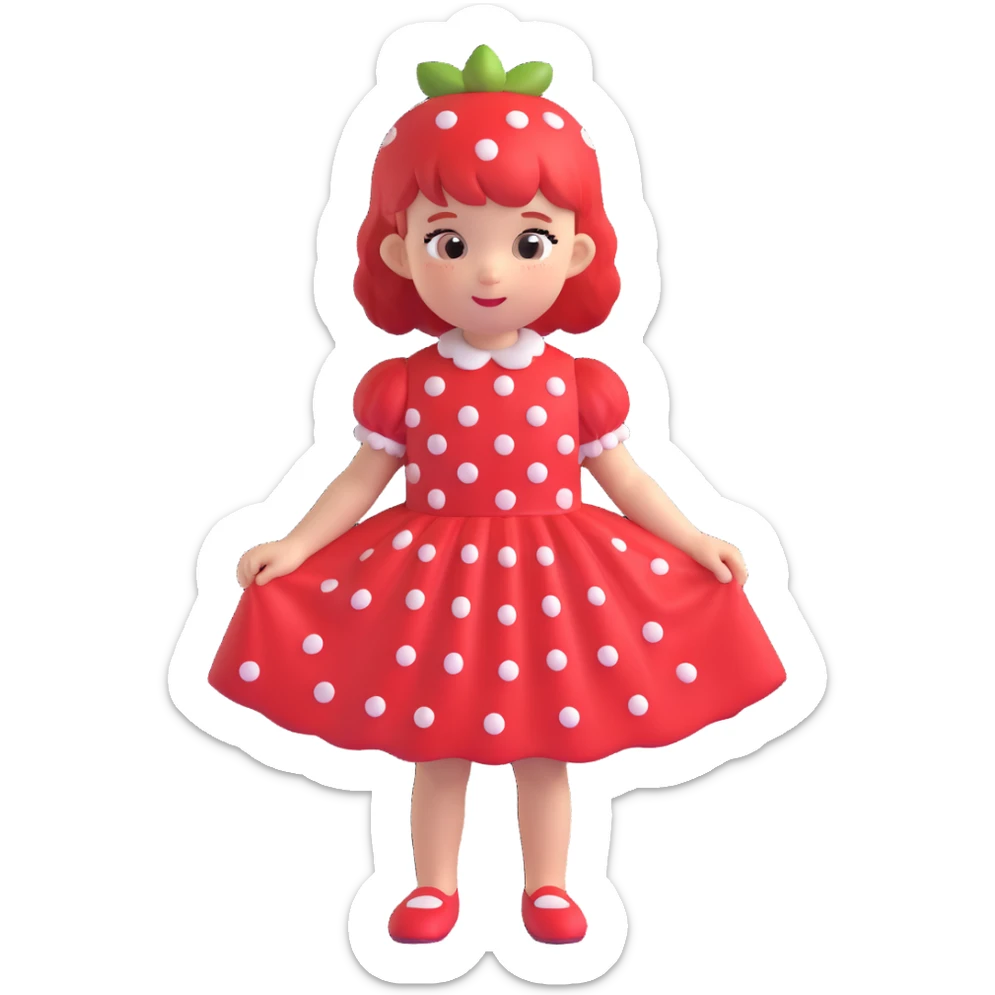 Little girl in red dress with white polka dots and strawberry on the right side of her head sticker