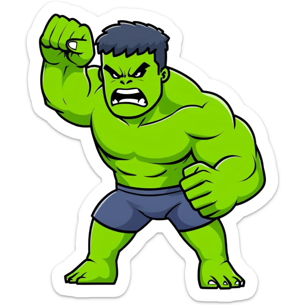 Hulk smashing with fists raised, green muscular superhero breaking ground, action pose, dynamic movement, angry expression sticker