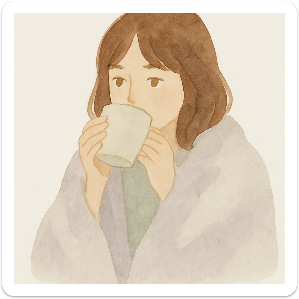 girl with brown hair and light brown eyes drinking coffee from a cup, wrapped in a blanket, watercolor style sticker