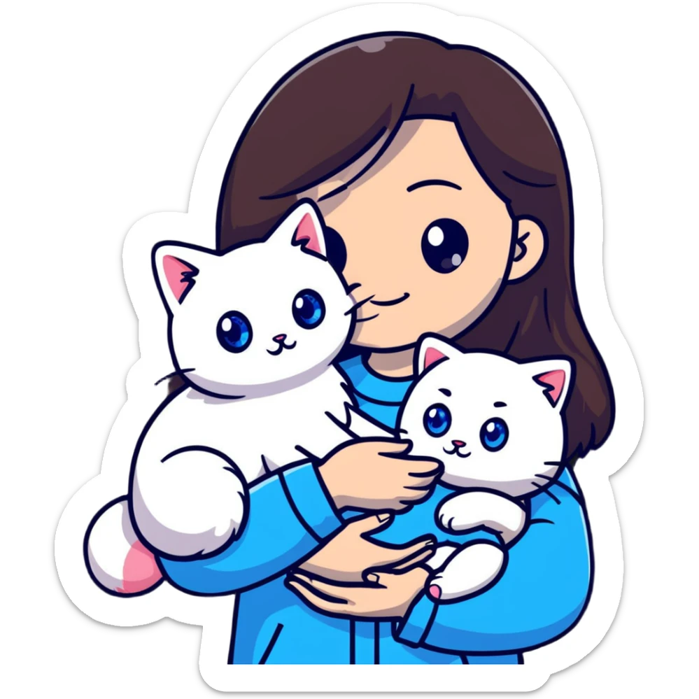 Cute Asian girl cradling a ragdoll cat with blue eyes and light colored fur with darker points sticker