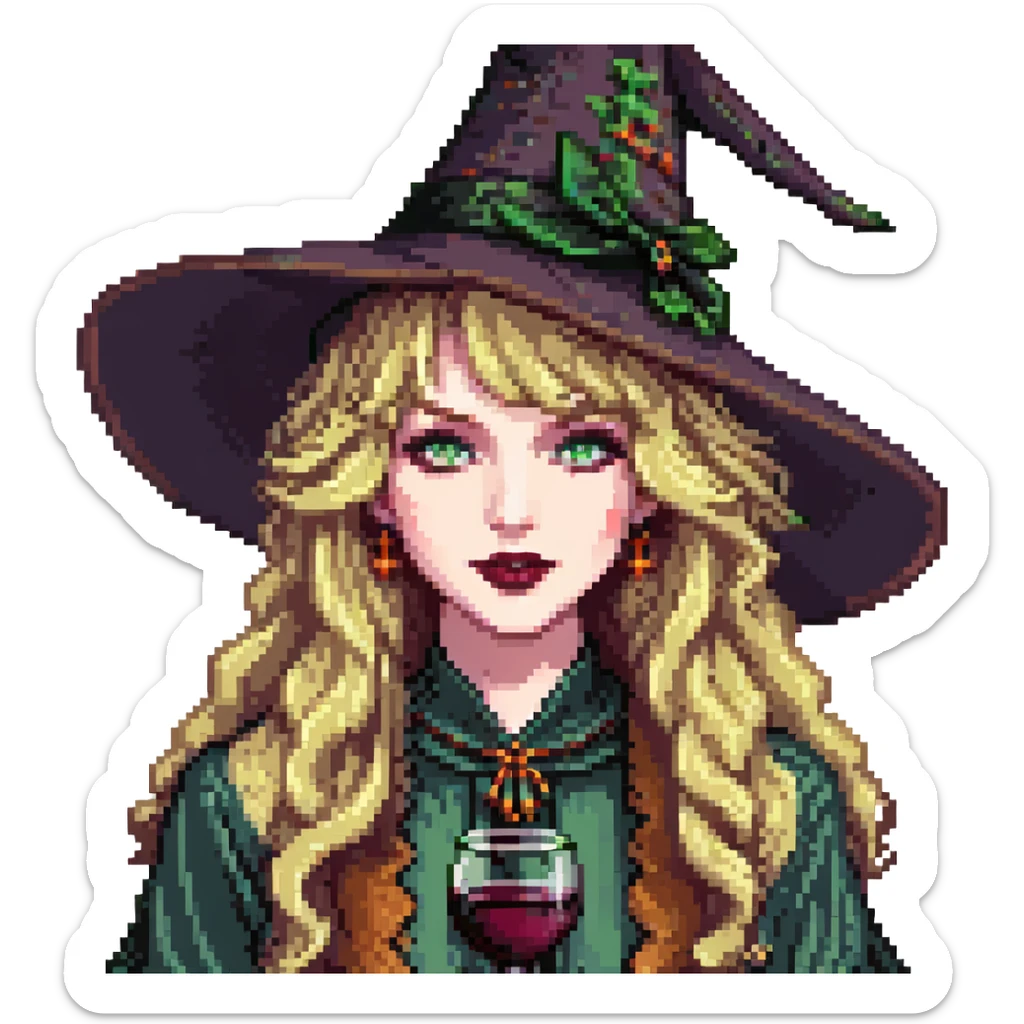 pale woman, long wavy blonde hair with bangs, green eyes, wine lipstick, wearing witch outfit and hat, pixel art sticker
