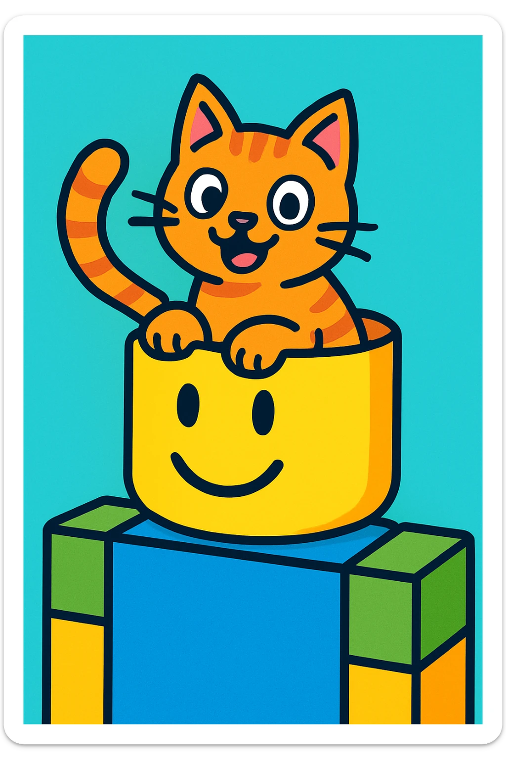 a playful and cartoonish illustration of a cat inside the head of a Roblox noob character sticker