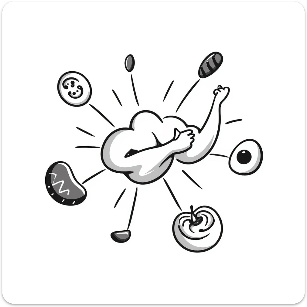 Glowing muscle fibers in the center, with protein foods (meat, egg, beans, tofu, yogurt) floating around but connected to each other forming a unified chain or cluster orbiting the muscle fibers. sticker