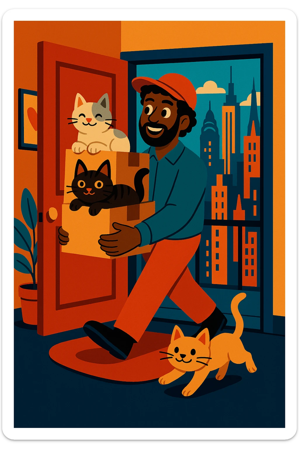 Edit the image to have one cat white and gray, the other cat dark brown and black. The man should have medium length curly hair and be wearing a cap. Keep the NYC apartment moving scene and overall style consistent. sticker