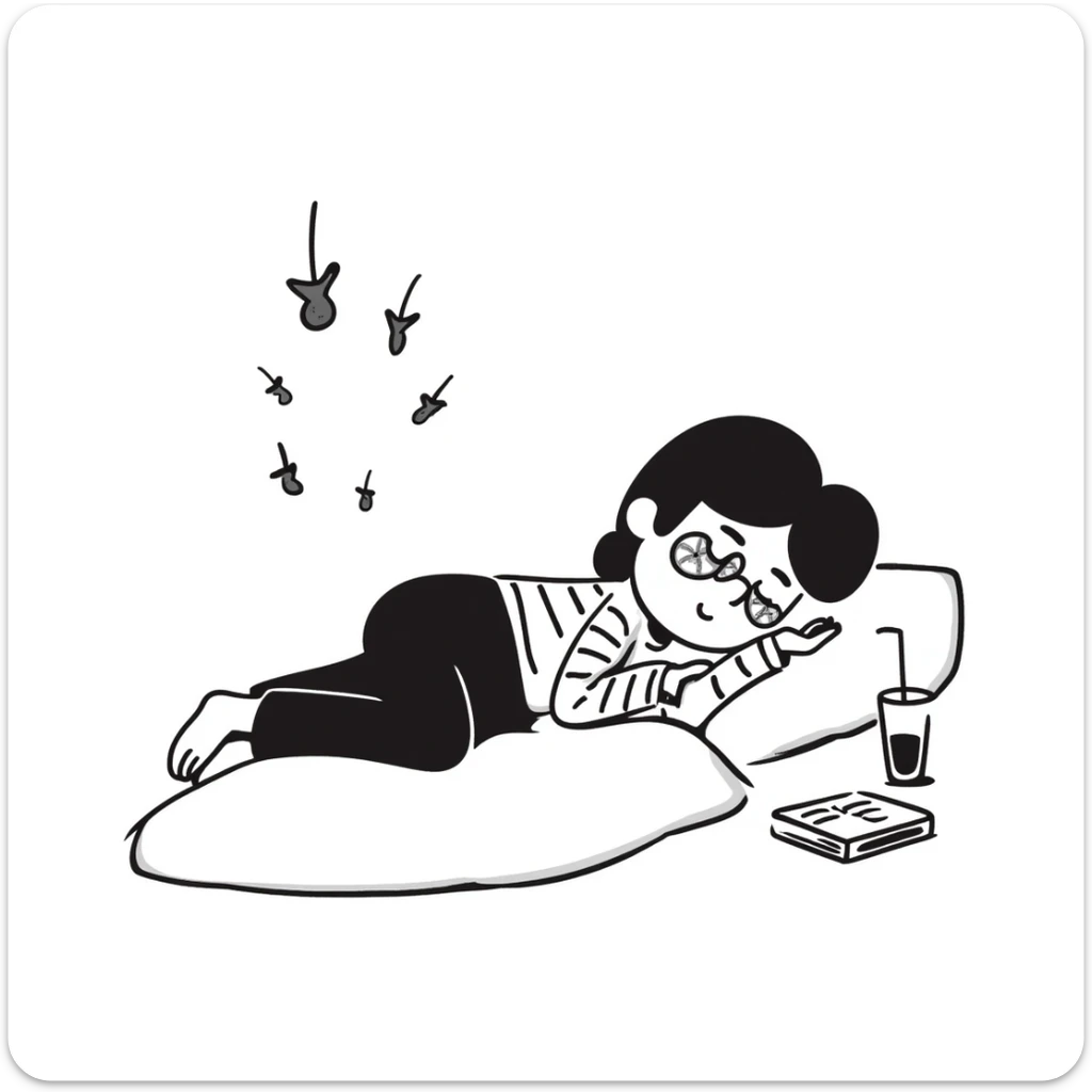 Hand drawn girl sleeping with cucumber slices on eyes and face mask, self care night sticker