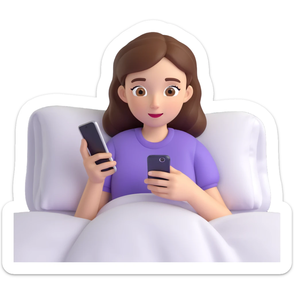 Girl lying in bed, wanting to sleep but not wanting to, staying up late playing with her phone sticker