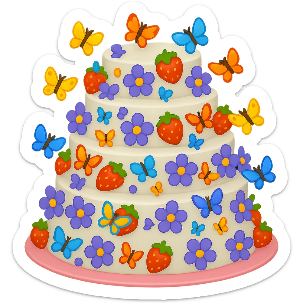 Add small colorful butterflies to the white wedding cake with strawberries, blue and purple flowers, no topper. Style: emoji style. Remove background. sticker