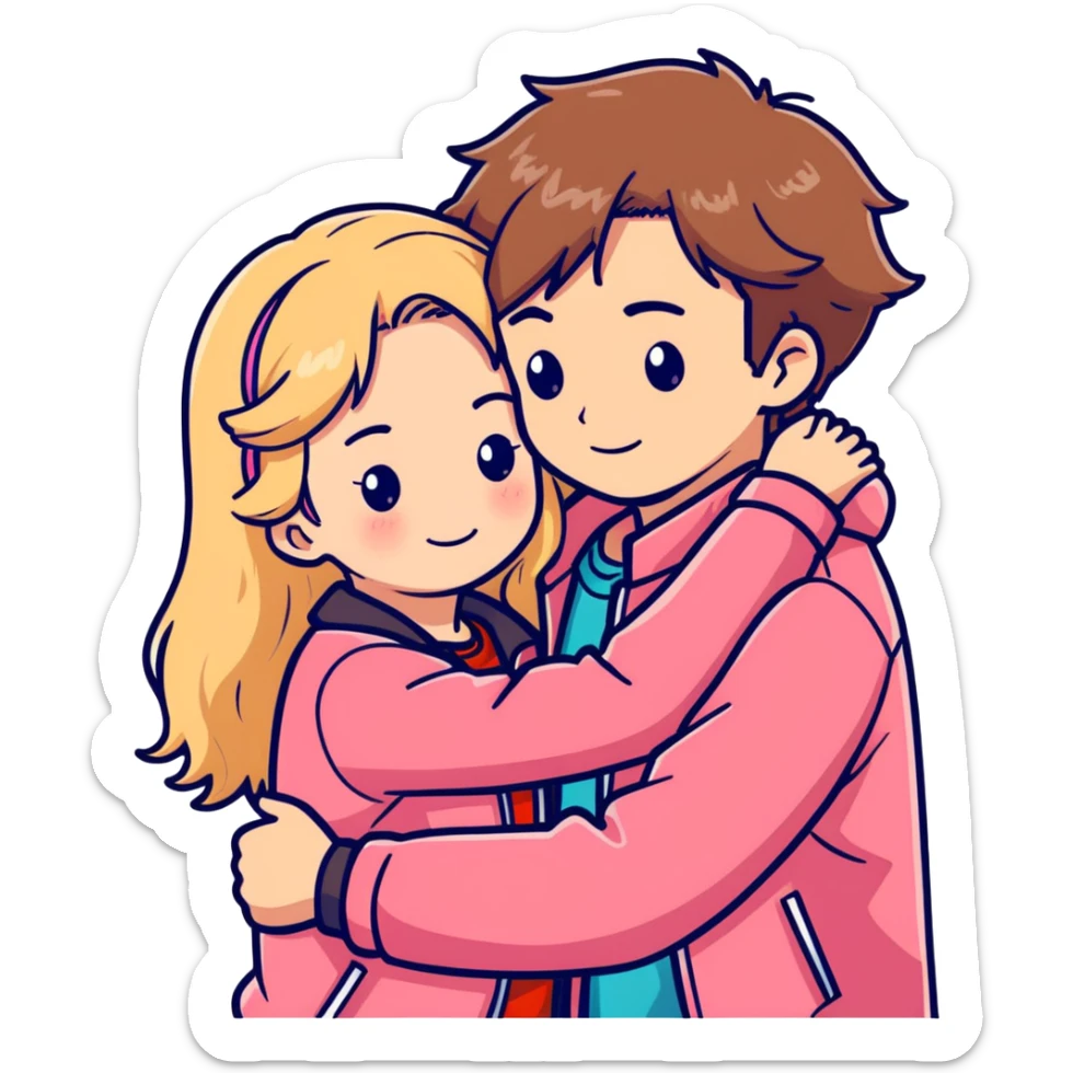 Garota loira fofa usado uma blusa rosa abraçando um garoto de cabelo castanho ondulado usando uma jaqueta vermelha  sticker