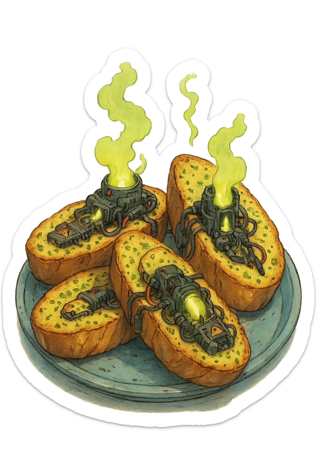 a plate of thermonuclear futuristic cyberpunk garlic bread, flawless, perfect, masterwork. highly dangerous sticker