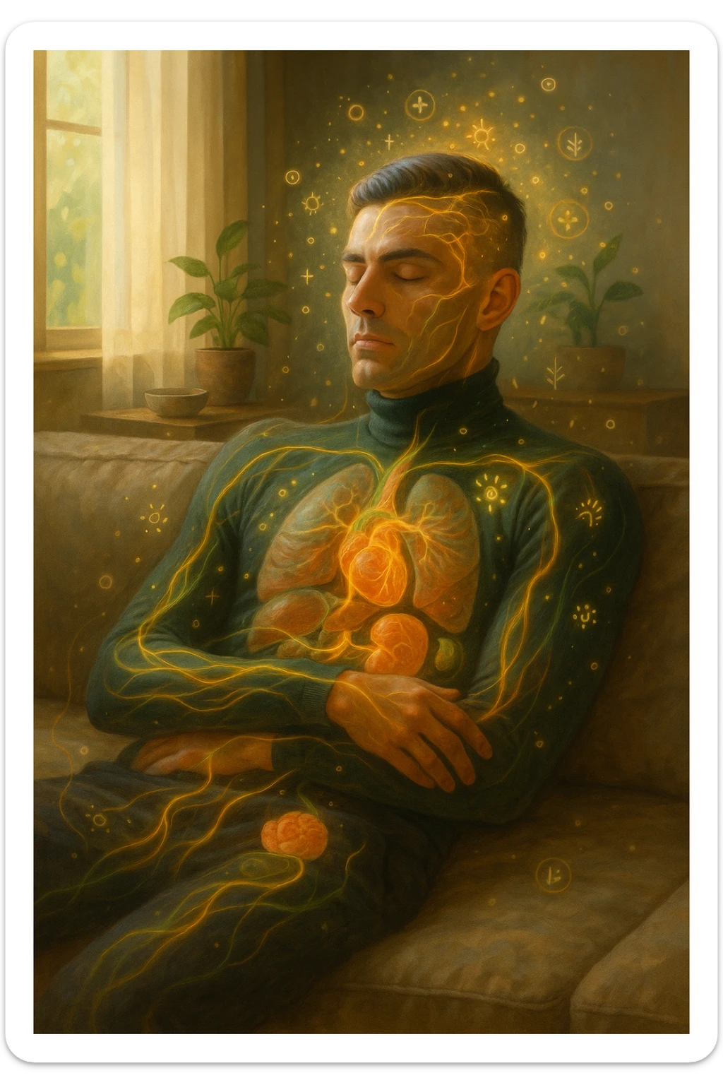 Uomo sdraiato su un divano nel primo pomeriggio, mentre fa un breve riposino. Il suo corpo appare parzialmente trasparente o stilizzato, con luce calda e flussi energetici dorati e verdi che scorrono attraverso muscoli, cervello, e organi. Intorno a lui si vedono piccoli simboli di rigenerazione: cellule che si rinnovano, tessuti che si illuminano, aura rilassata. L'ambiente è calmo e ordinato, luce naturale che entra da una finestra, atmosfera rigenerante, stile iperrealistico con accenti metaforici. sticker