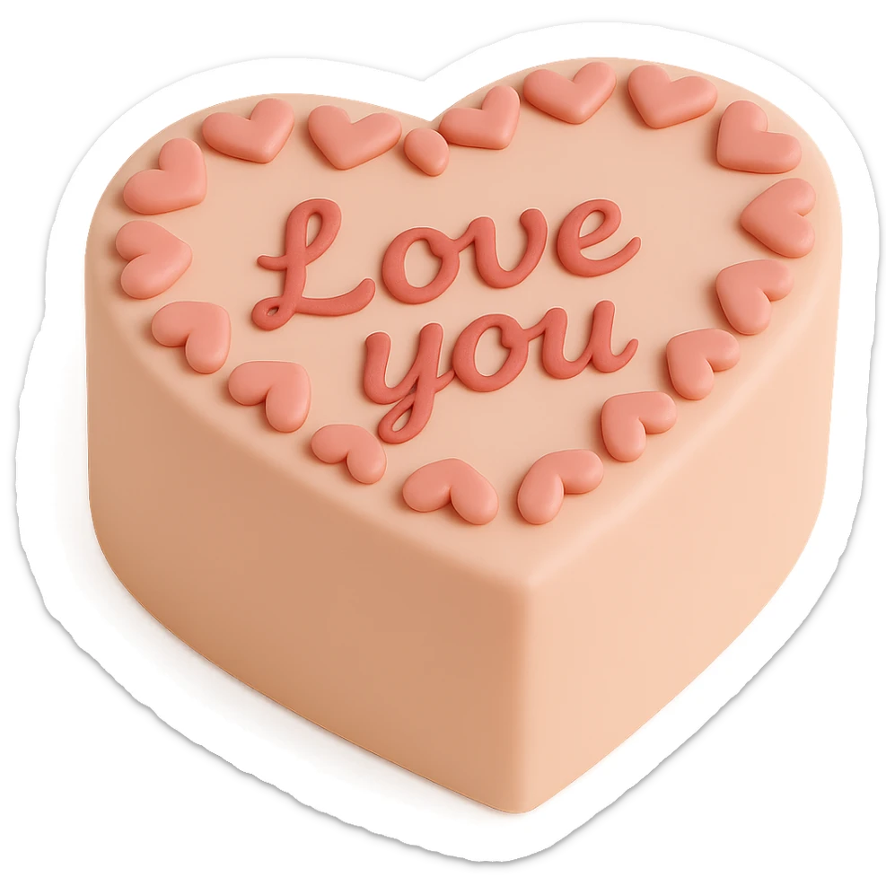 Add the message 'Love you' on the heart-shaped fondant cake in an elegant and clear style, keeping the fondant cake art style and transparent background. sticker