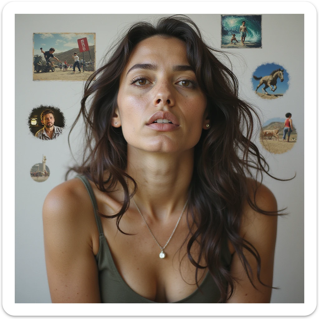 realistic portrait of a person with a thoughtful, inspired look, with faint images of projects and ideas swirling around them, capturing both excitement and pressure sticker