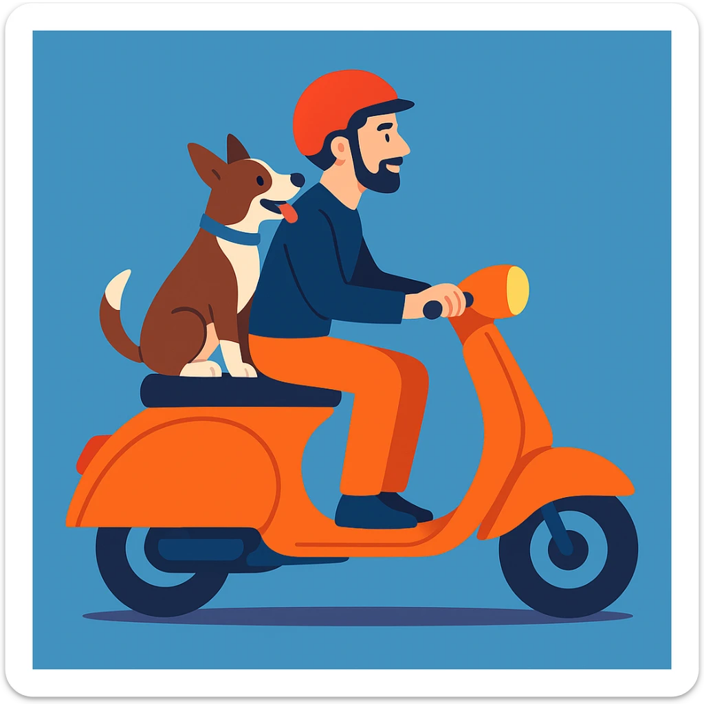 vector art of a man and his pet dog riding a vespa, for website design  sticker
