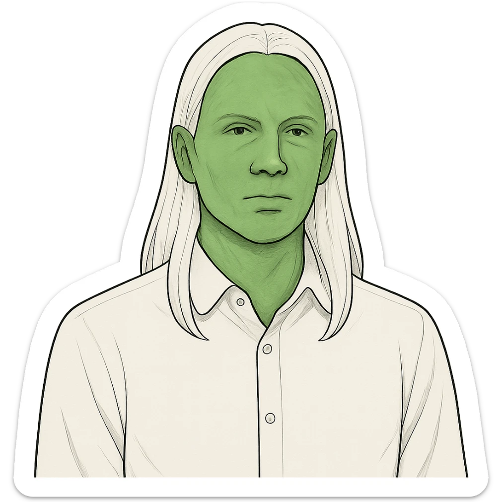 a man with slime green skin, wearing a white shirt, with long straight white hair, neutral expression, upper body view sticker