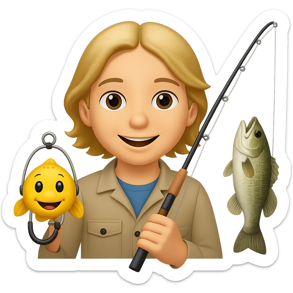 Remove the fishing cap and add a fish to the end of the fishing pole, keep the style the same, with no background. sticker