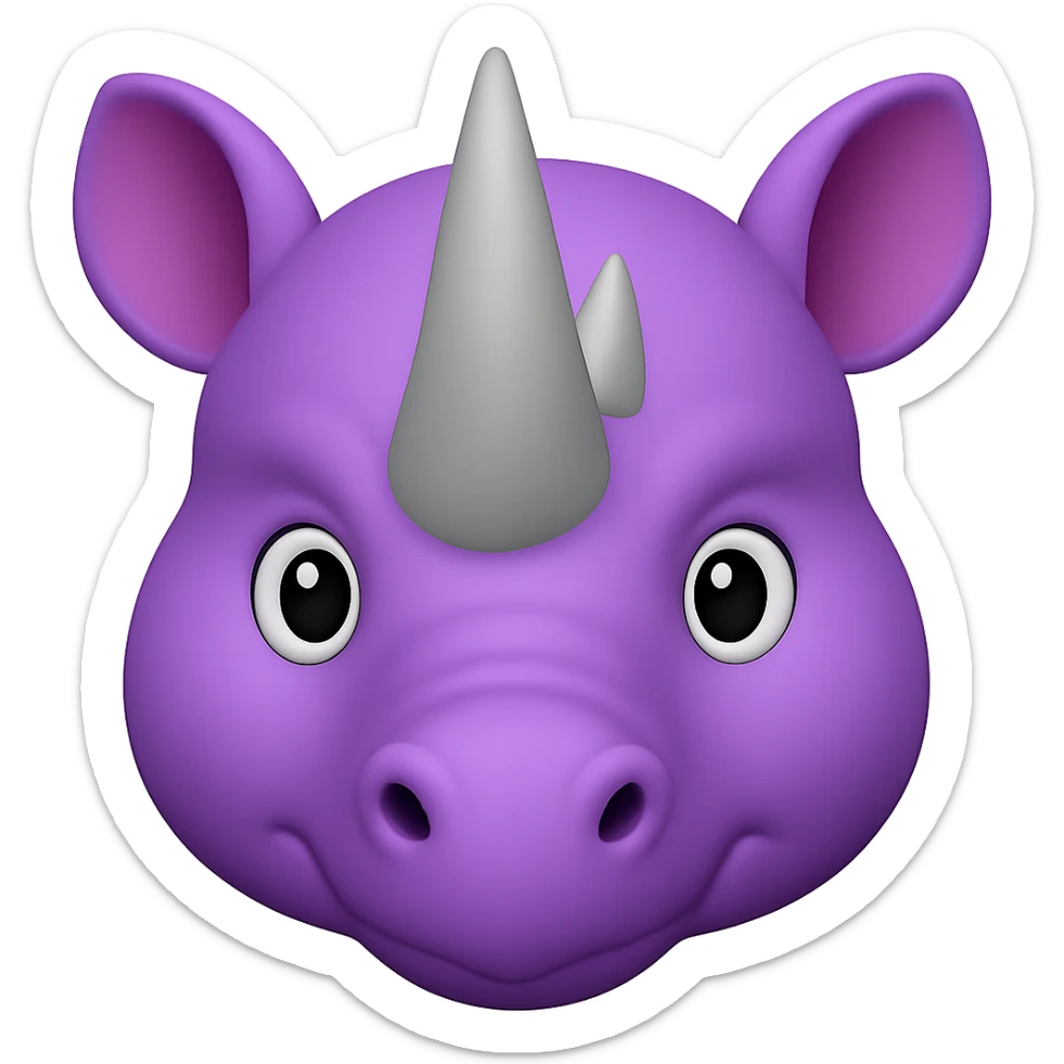 Add two big, normal grey rhino horns to the face, keeping the purple rhino emoji style, no background. The style should resemble the purple rhino emoji style with no background. sticker