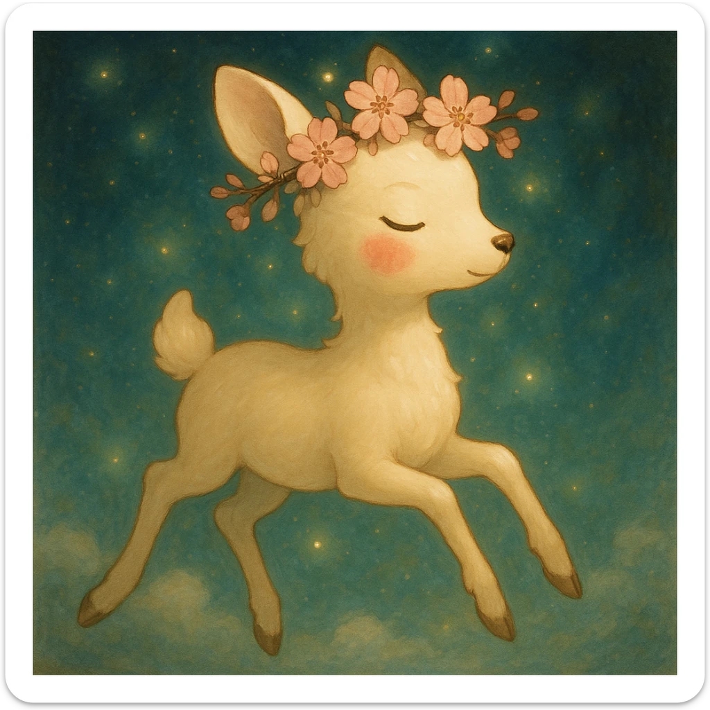 Enhance this feminine adult vanilla cloud doe with rosy cheeks and cherry flowers, floating gracefully in a dreamy Ghibli style. Make the colors richer, the lines softer, and the cherry flowers more detailed. Add a magical glow and elegant highlights, keeping the look whimsical, refined, and enchanting. sticker