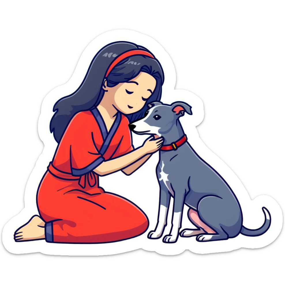 Only ONE beautiful 25-year-old Japanese woman with long flowing black hair wearing a stylish BLUE beach dress, gently PETTING her ONE PURE SOLID DARK GREY whippet with a bright RED COLLAR on a sunny beach. The woman is kneeling or bending down to pet the whippet, with her hand lovingly stroking the dog's head or back. The single whippet MUST be 100% SOLID DARK GREY with ABSOLUTELY NO WHITE MARKINGS ANYWHERE - specifically NO WHITE on face, NO WHITE on chest, NO WHITE on paws - ENTIRELY ONE CONSISTENT SOLID DARK GREY COLOR throughout. Just one woman and one dog. Bright blue daytime sky, sunshine, blue ocean and golden sand beach in the background. sticker